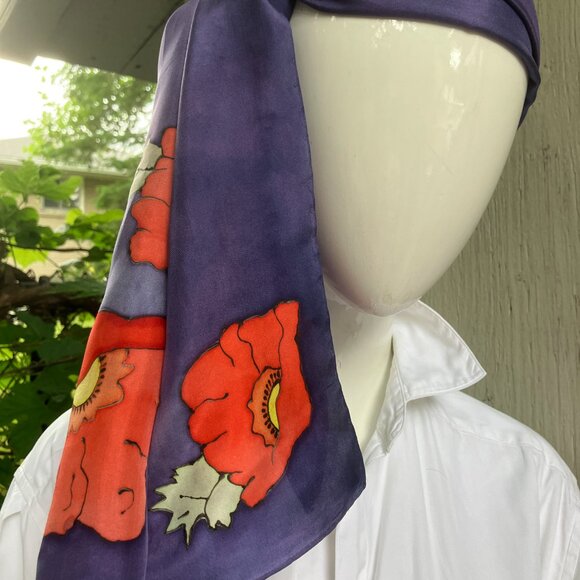 VTG 80s Silk Hand Painted Scarf Purple with Bright Flowers at Both Ends 53 X 11 - Picture 12 of 12
